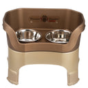 Deluxe Large Dog Bronze raised Neater Feeder with leg extensions dog bowls with two stainless steel bowls against a white background.