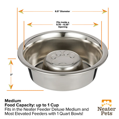 Dimensions of the Medium Stainless Steel Slow Feed Replacement Bowl for Neater Feeder: 2 inches tall, 6.5 inches in diameter, and fits inside of a 5.75- 6.25 opening.