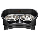 Express cat Neater Feeder in Midnight Black with two stainless steel bowls against a white background.