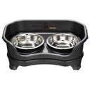 Midnight Black Express Neater Feeder cat feeding system with two stainless steel bowls against a white background.