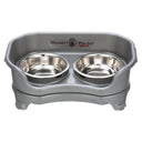 Express cat Neater Feeder in Gunmetal Grey with two stainless steel bowls against a white background.