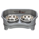 Gunmetal Grey Express Neater Feeder for cats feeding system with two stainless steel bowls against a white background.