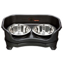 Small midnight black EXPRESS Neater Feeder with two stainless steel bowls against a white background.