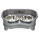 Express small Neater Feeder in Gunmetal Grey with two stainless steel bowls against a white background.