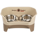 Express medium to large Neater Feeder in Cappuccino with two stainless steel bowls against a white background.