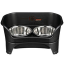 Express medium to large Neater Feeder in Midnight Black with two stainless steel bowls against a white background.