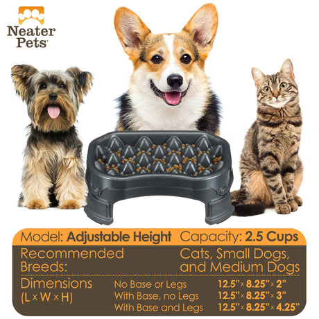 Dimensions and bowl capacity of the raised 2.5 cup Neater Slow Feeder