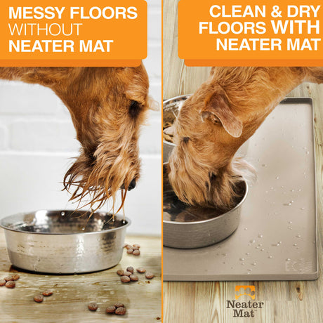 Pictures showing a messy floor without the Neater Mat vs a clean flood with the Neater Mat