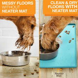 Pictures showing a messy floor without the Neater Mat vs a clean flood with the Neater Mat