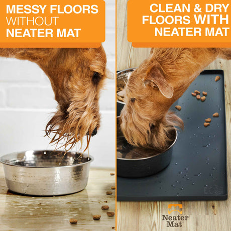 Pictures showing a messy floor without the Neater Mat vs a clean flood with the Neater Mat