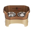 Bronze large DELUXE Neater Feeder with Stainless Steel Slow Feed Bowl and stainless steel water bowl against a white background.
