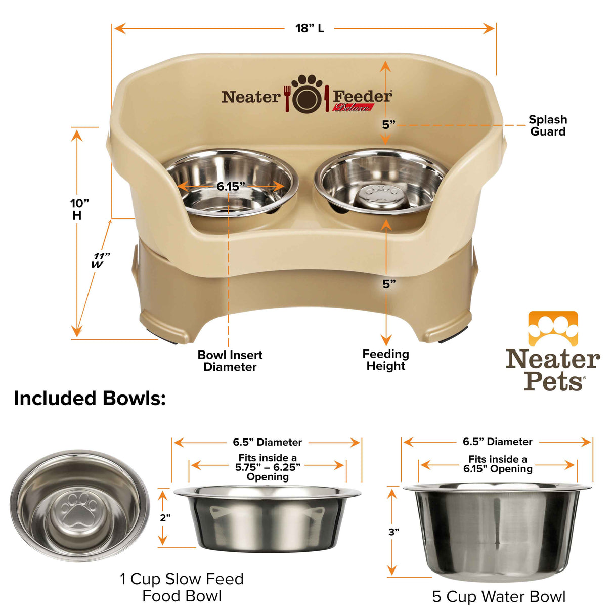 Dimensions of Cappuccino medium DELUXE Neater Feeder with Stainless Steel Slow Feed Bowl