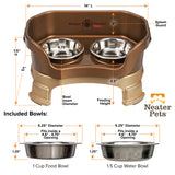 Deluxe Bronze Cat Neater Feeder with leg extensions and Bowl dimensions
