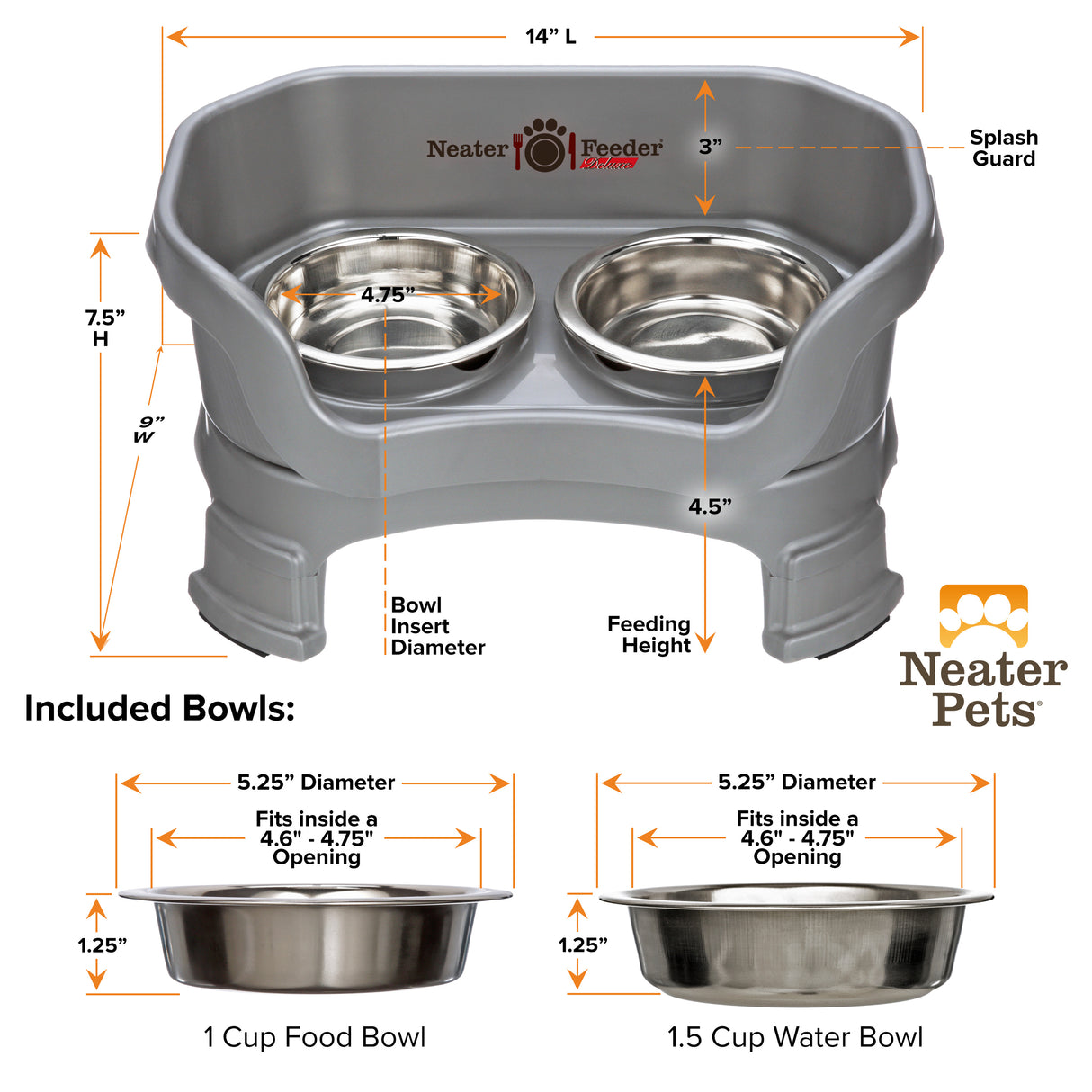 Dimensions of cat Neater Feeder and bowls