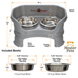 Deluxe Gunmetal Grey Cat Neater Feeder with leg extensions and Bowl dimensions