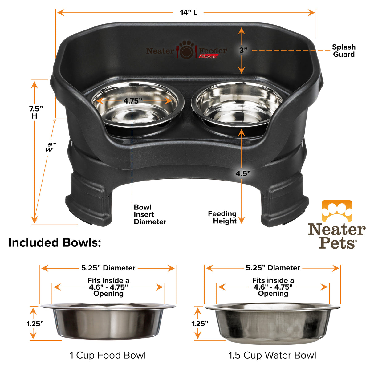 Dimensions of cat Neater Feeder and bowls
