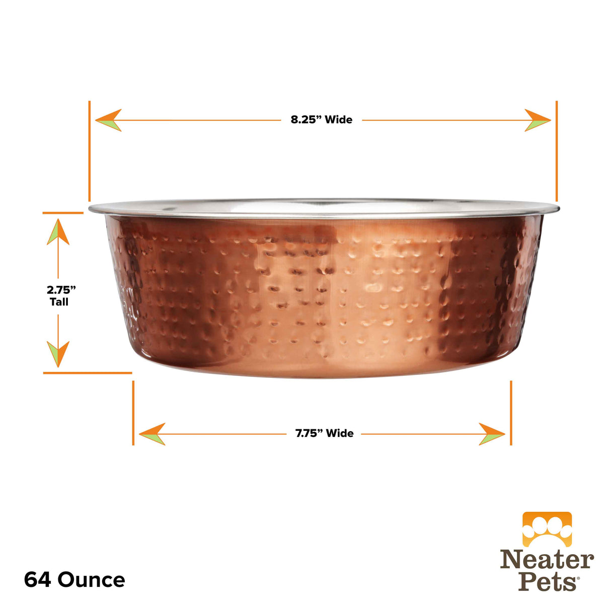 Dimensions of the 64 ounce Hammered Copper Finish Bowl