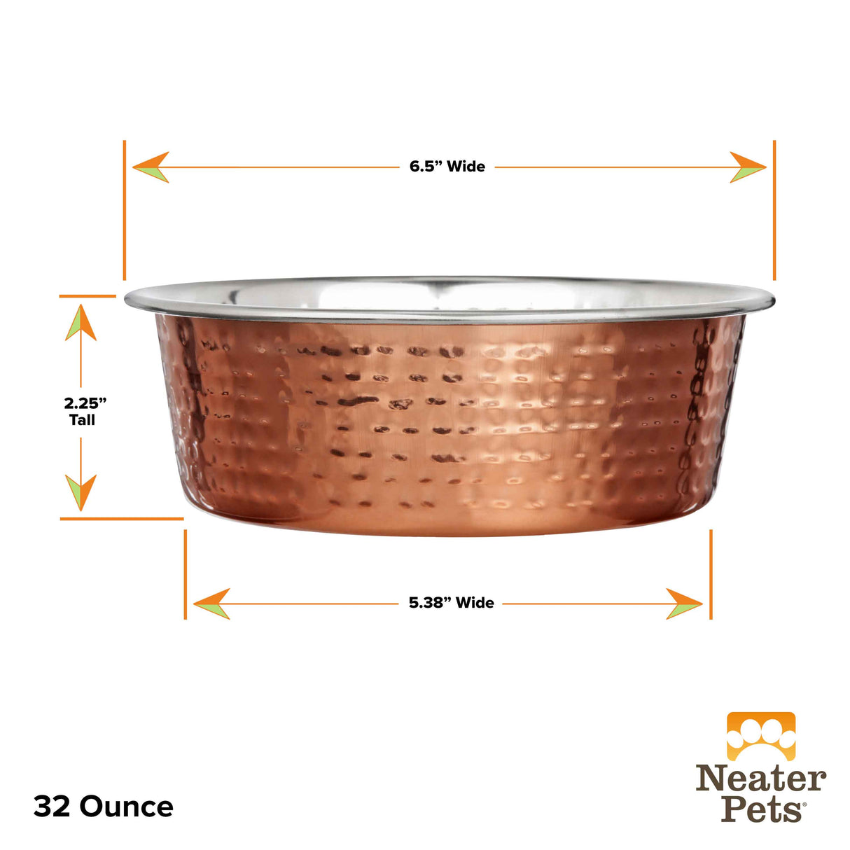 Dimensions of the 32 ounce Hammered Copper Finish Bowl
