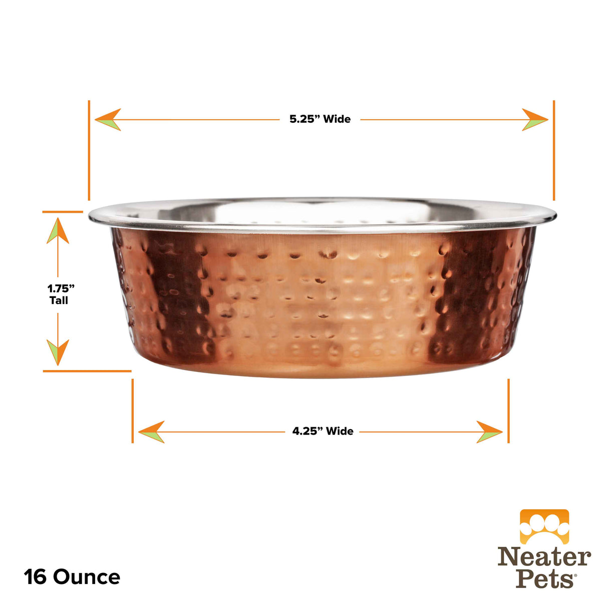 Dimensions of the 16 ounce Hammered Copper Finish Bowl