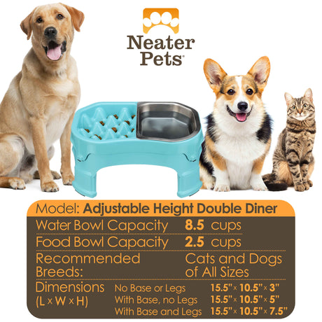 Raised Neater Slow Feeder Double Diner with stainless steel insert capacity and dimensions