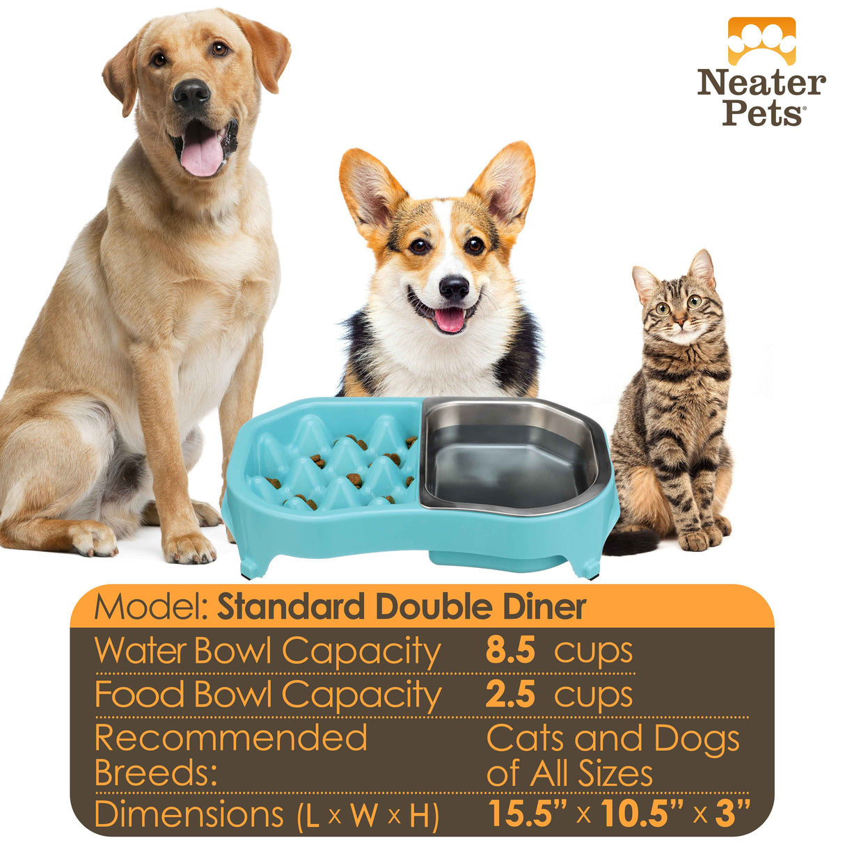 Neater Slow Feeder Double Diner in Aqua with stainless steel bowl insert bowl capacity and sizing chart