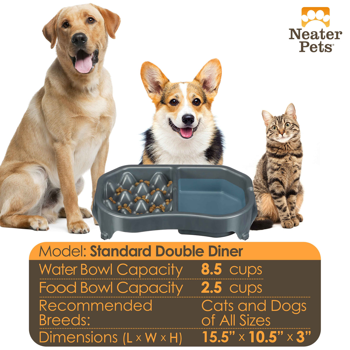 Neater Slow Feeder Double Diner in Gunmetal Grey bowl capacity and sizing chart
