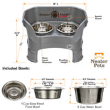 Dimensions of gunmetal gray medium DELUXE Neater Feeder with Stainless Steel Slow Feed Bowl with leg extensions