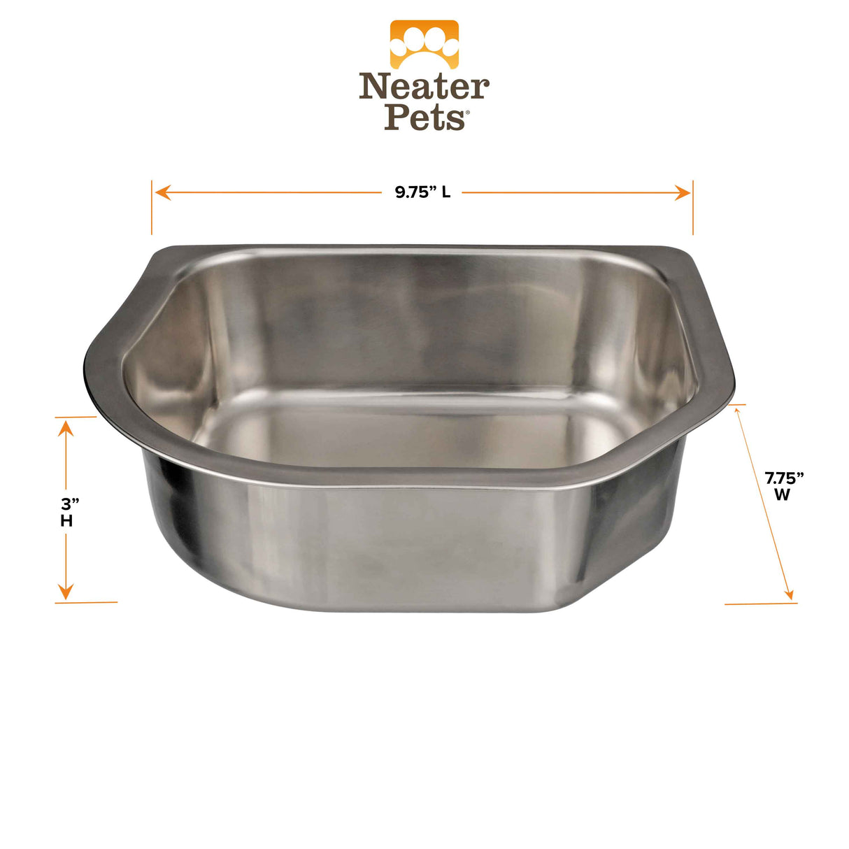 Dimensions of the Neater Slow Feeder Double Diner Stainless Steel Insert Bowl: 9.75 inches in length, 7.75 inches in width, 3 inches in height