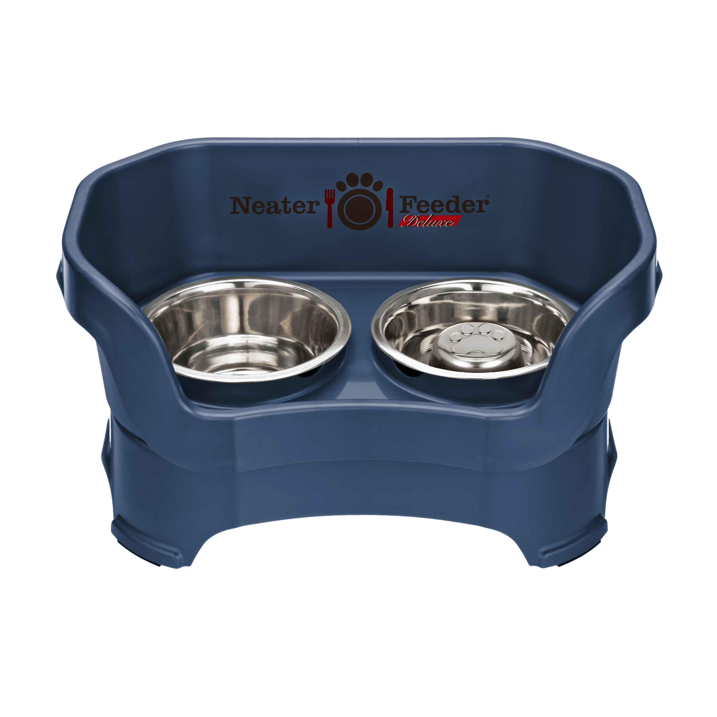 Deluxe Neater Feeder with Stainless Steel Slow Feed Bowl Dark Blue Medium No