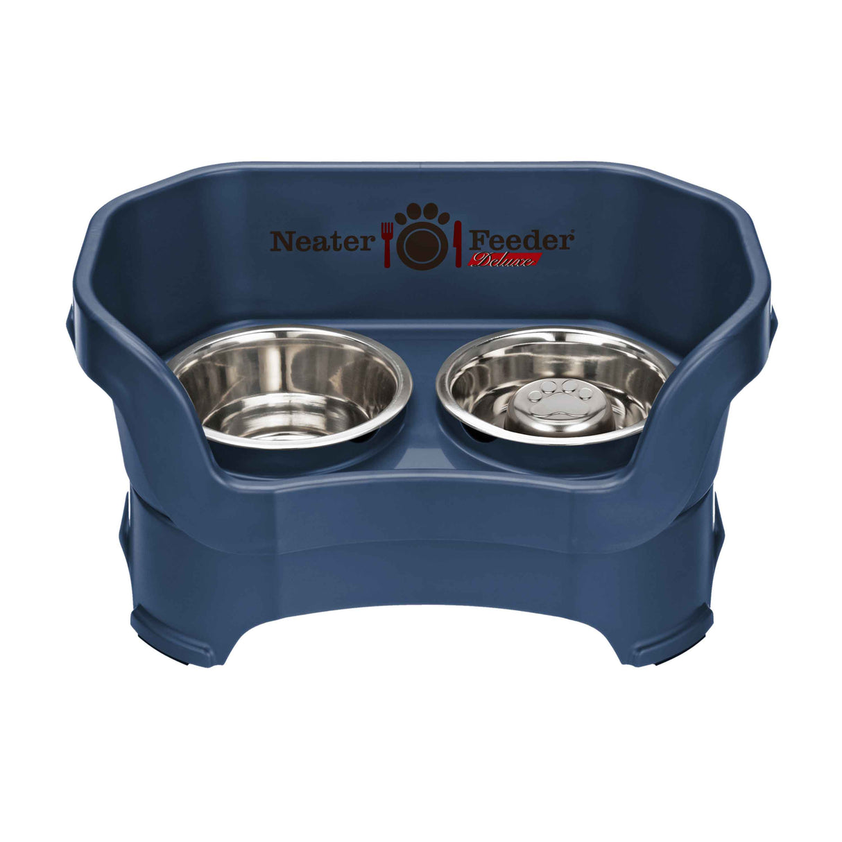 Dark Blue medium DELUXE Neater Feeder with Stainless Steel Slow Feed Bowl