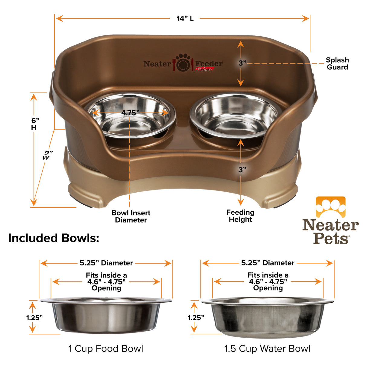 Deluxe Bronze Cat Neater Feeder and Bowl dimensions