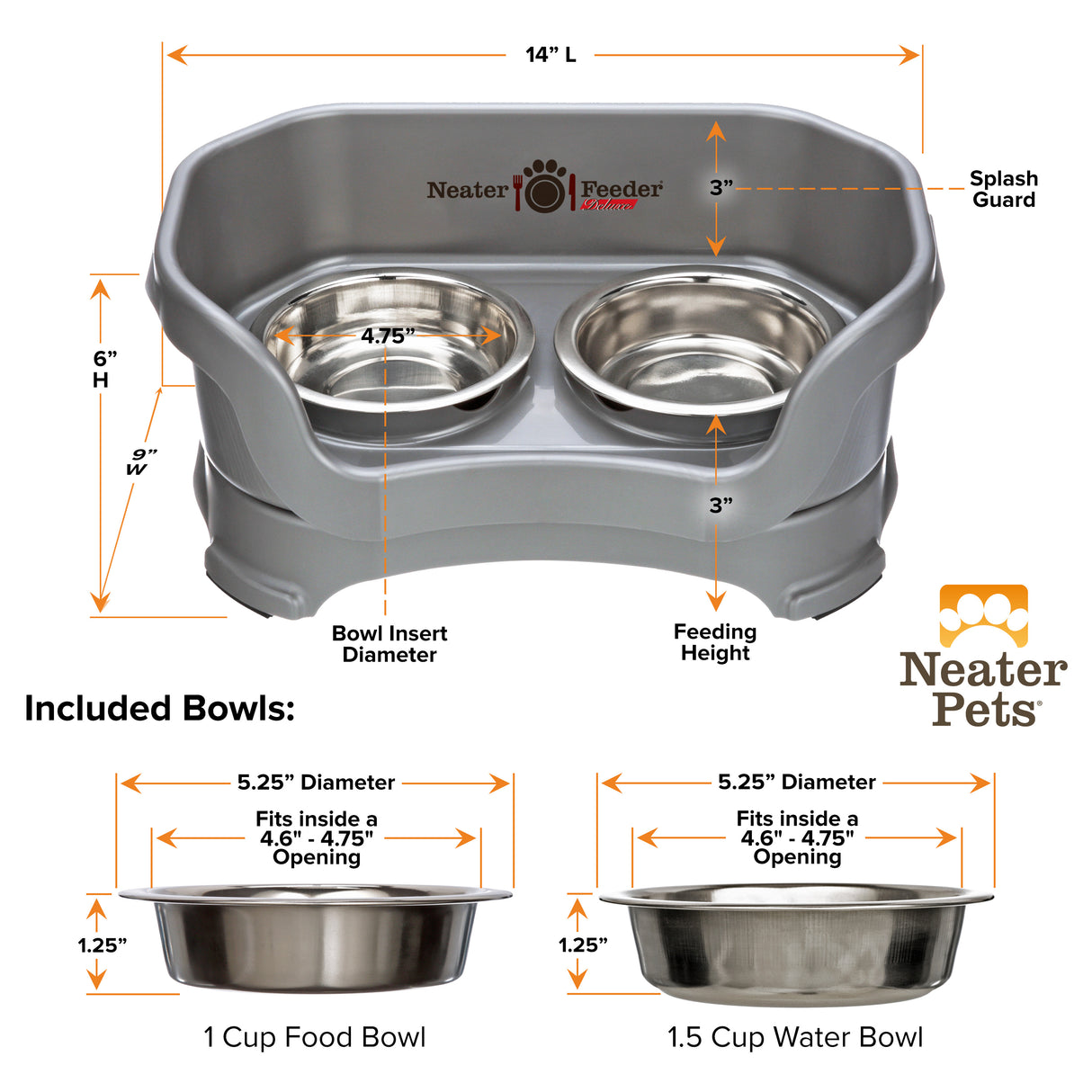 Deluxe Gunmetal Grey Cat Neater Feeder and Bowl dimensions