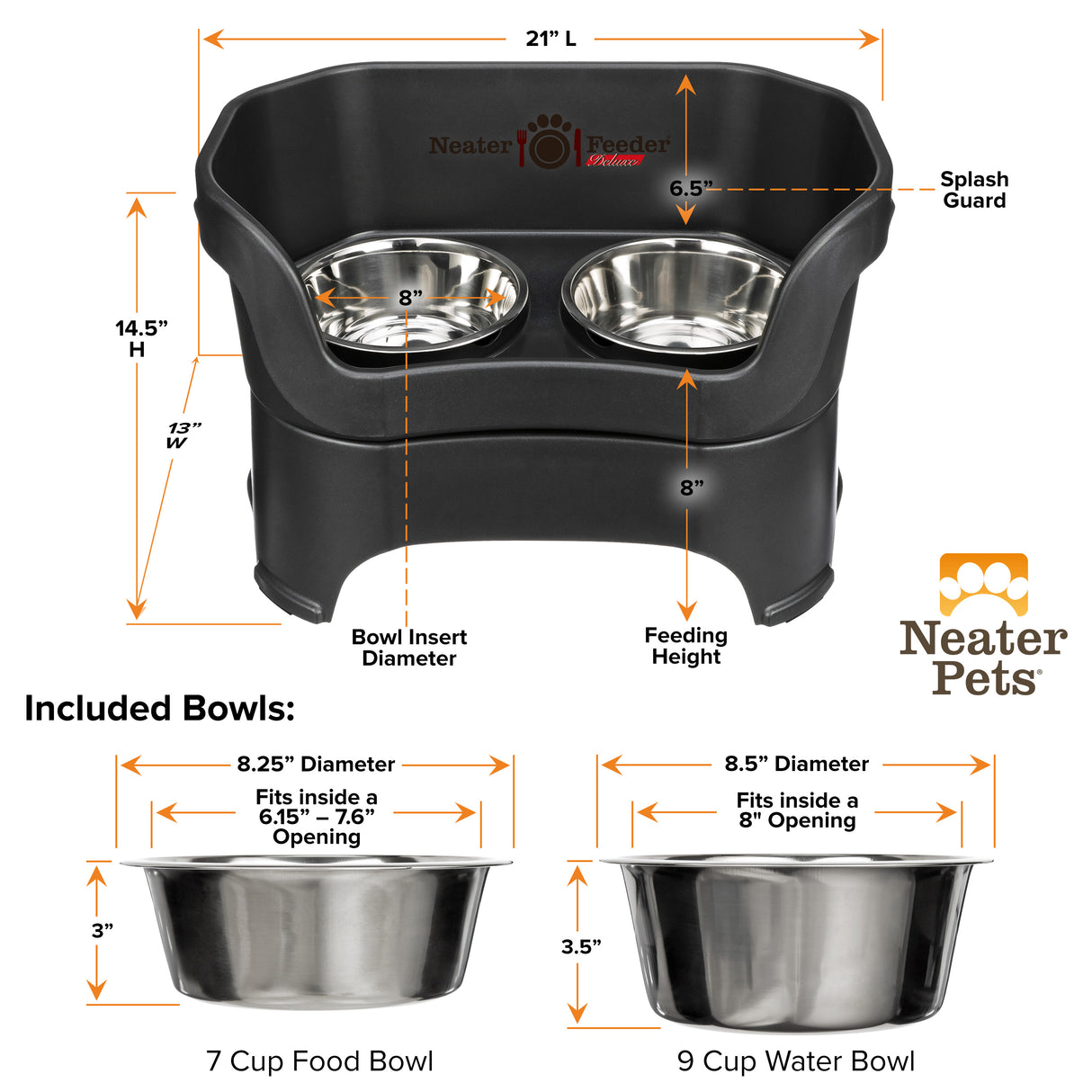 Deluxe Midnight Black Large Dog Neater Feeder and Bowl dimensions