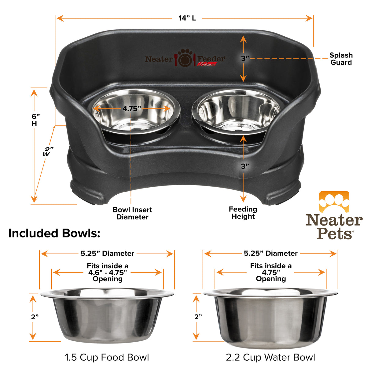 Deluxe Midnight Black Small Dog Neater Feeder and Bowl dimensions