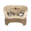 Cappuccino large DELUXE Neater Feeder with Stainless Steel Slow Feed Bowl and stainless steel water bowl against a white background.