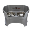gunmetal gray large DELUXE Neater Feeder with Stainless Steel Slow Feed Bowl and stainless steel water bowl against a white background.