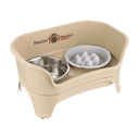 Almond medium to large EXPRESS Neater Feeder with The Niner Slow Feed Bowl and stainless steel water bowl against a white background.