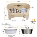 Dimensions of the almond medium to large EXPRESS Neater Feeder, The Niner Slow Feed Bowl, and the seven cup water bowl