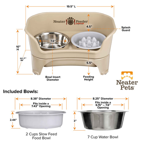 Dimensions of the almond medium to large EXPRESS Neater Feeder, The Niner Slow Feed Bowl, and the seven cup water bowl