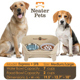 Information on the almond medium to large EXPRESS Neater Feeder, The Niner Slow Feed Bowl, and the seven cup water bowl