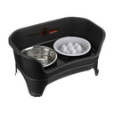 Midnight black medium to large EXPRESS Neater Feeder with The Niner Slow Feed Bowl and stainless steel water bowl against a white background.