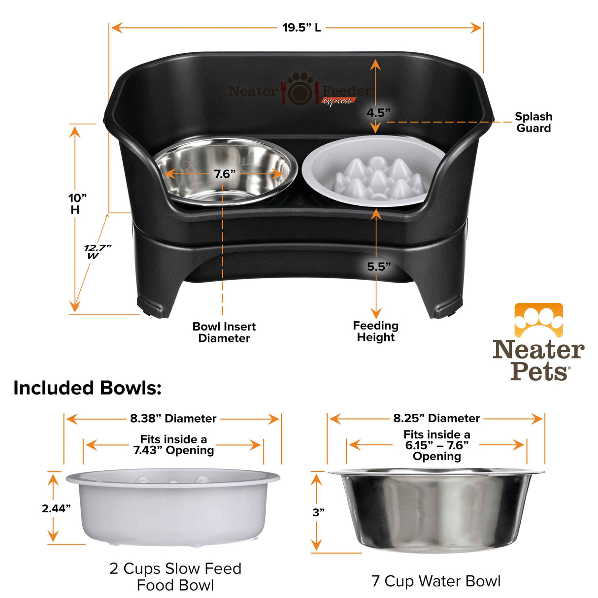 Dimensions of the midnight black medium to large EXPRESS Neater Feeder, The Niner Slow Feed Bowl, and the seven cup water bowl