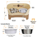 Dimensions of the cappuccino medium to large EXPRESS Neater Feeder, The Niner Slow Feed Bowl, and the seven cup water bowl