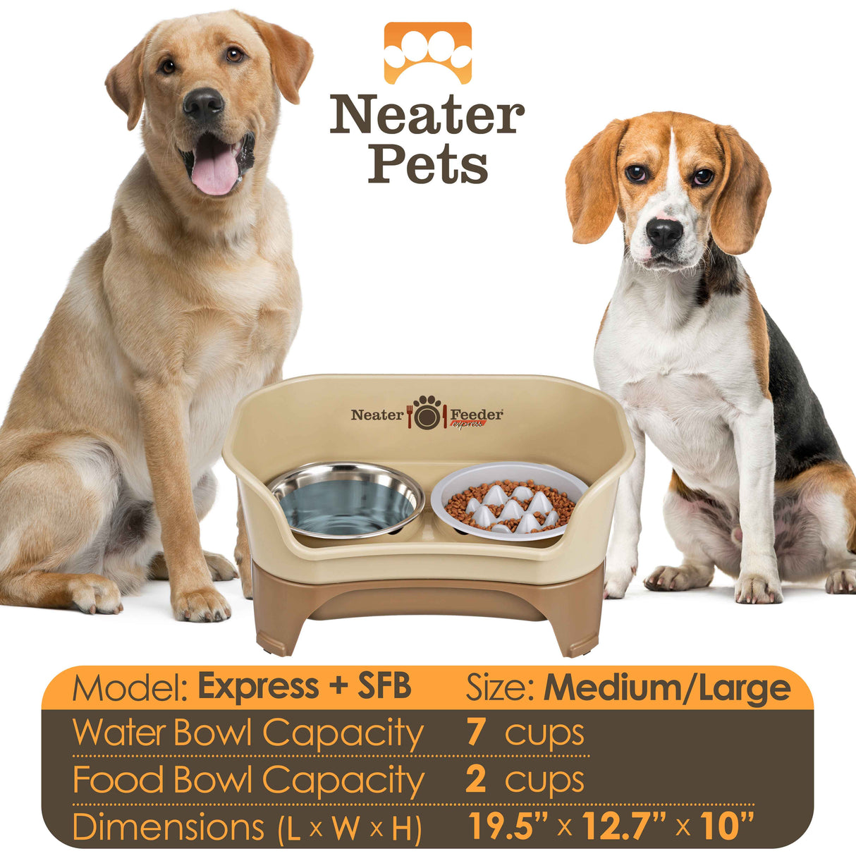 Information on the cappuccino medium to large EXPRESS Neater Feeder, The Niner Slow Feed Bowl, and the seven cup water bowl
