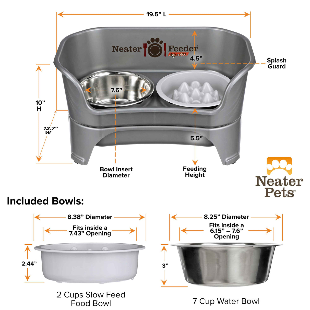 Dimensions of the Gunmetal gray medium to large EXPRESS Neater Feeder, The Niner Slow Feed Bowl, and the seven cup water bowl