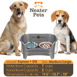 Information on the Gunmetal gray medium to large EXPRESS Neater Feeder, The Niner Slow Feed Bowl, and the seven cup water bowl
