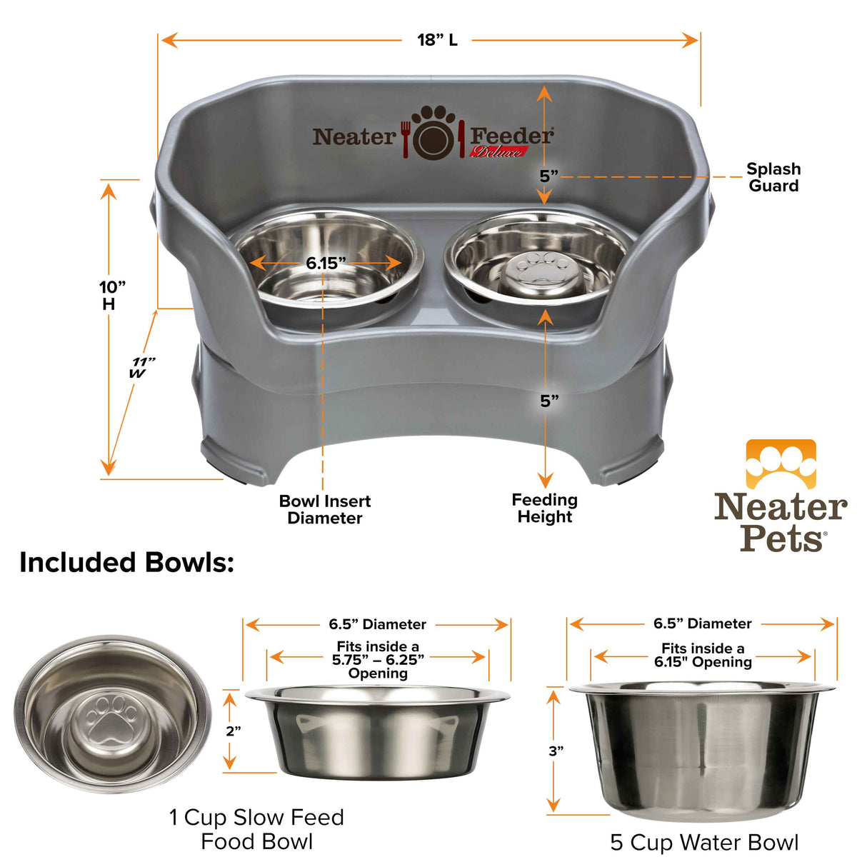 gunmetal gray medium DELUXE Neater Feeder with Stainless Steel Slow Feed Bowl dimensions