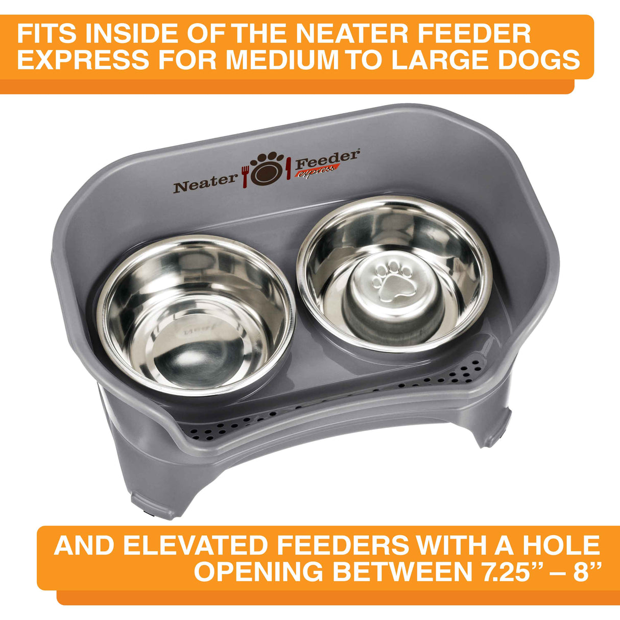 Large Stainless Steel Slow Feed Replacement Bowl for Neater Feeder inside a medium to large gunmetal gray Express Neater Feeder