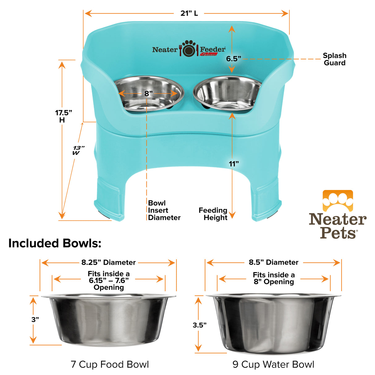 Deluxe Aqua Large Dog Neater Feeder with leg extensions and Bowl dimensions
