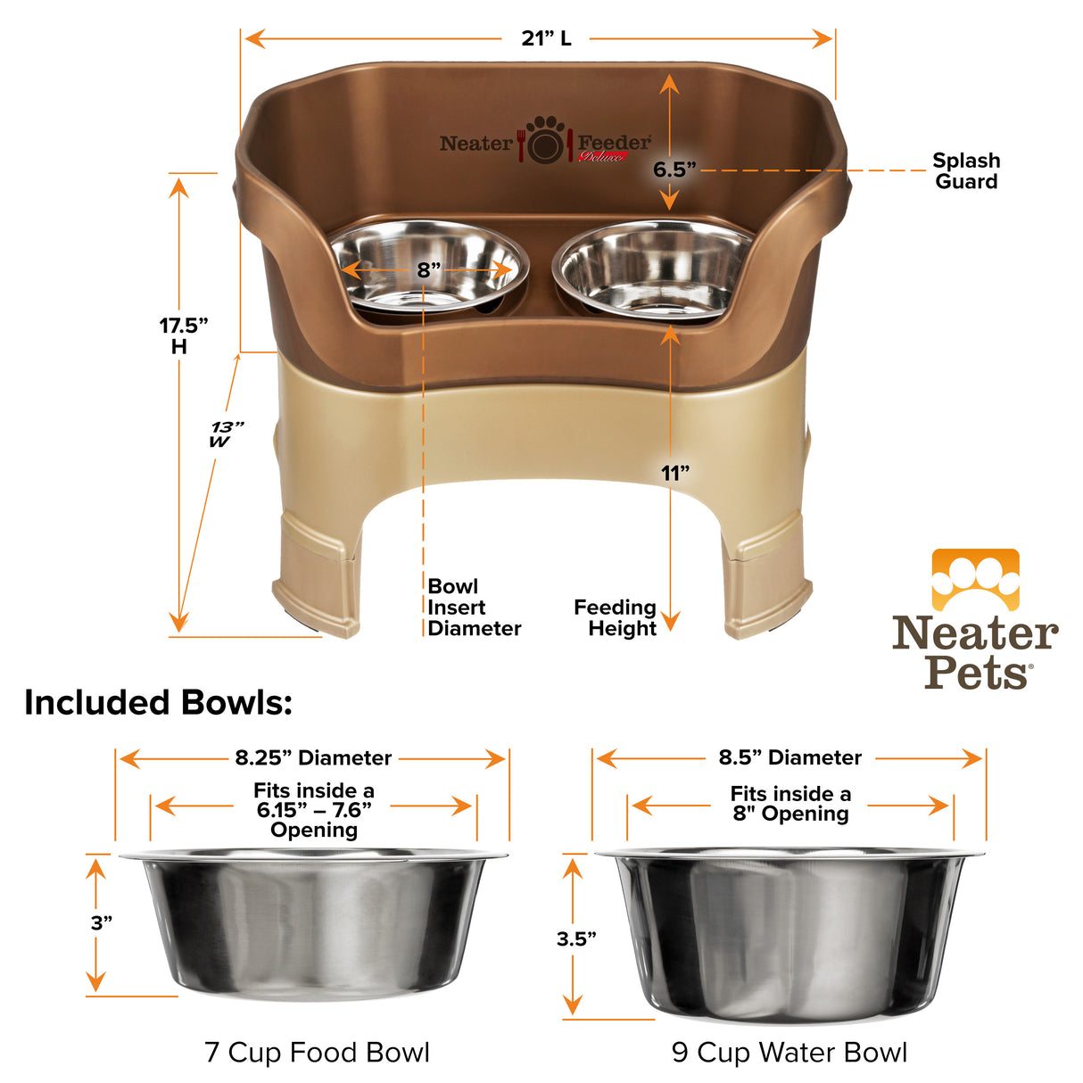 Deluxe Bronze Large Dog Neater Feeder with leg extensions and Bowl dimensions